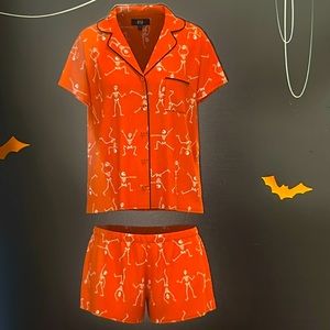 Dancing SKELETON 2pc Pajama Set * size 2XL * Orange White Black SHORTS S/ Sleeve
